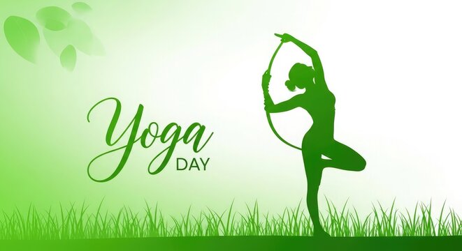 International yoga day silhouette of woman in yoga pose with green background