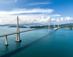 Obraz premium Long suspension bridge over blue water.