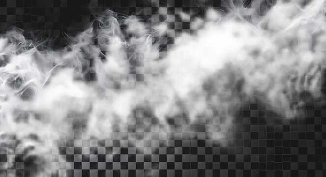 foggy or smoky isolated transparent special effect vector background. white foggy effect, cloudy texture for photography and video decoration. realistic clouds on a dark black checkered pattern backgr