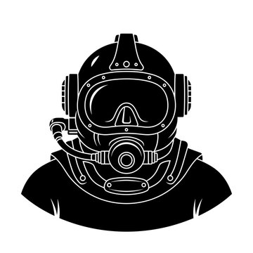 Professional Diver Helmet Vector Illustration Black and White Scuba