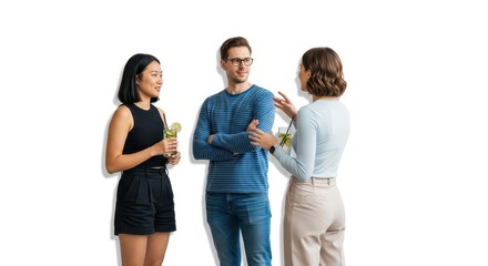 Fototapeta premium Three diverse friends enjoy a casual conversation while holding refreshing cocktails in a setting.