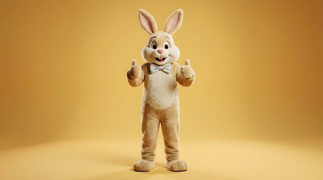 Friendly easter bunny character standing upright while holding both thumbs up in a cheerful pose on a solid studio background