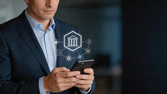 Businessman holding smartphone looking at mobile banking concept hologram with bank icon and security symbols fintech application for online finance management and customer
