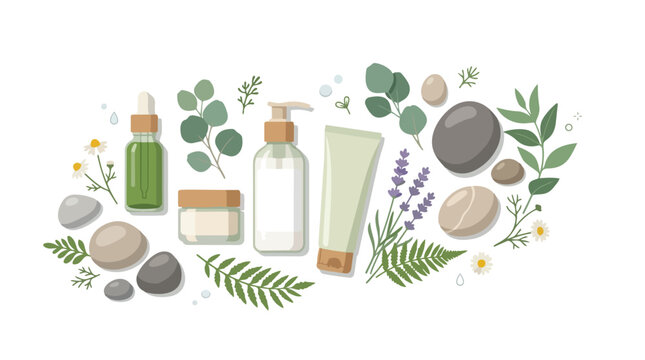 Natural Skincare Routine Vector Illustration with Botanical Elements and Spa Stones for Wellness and Beauty Products
