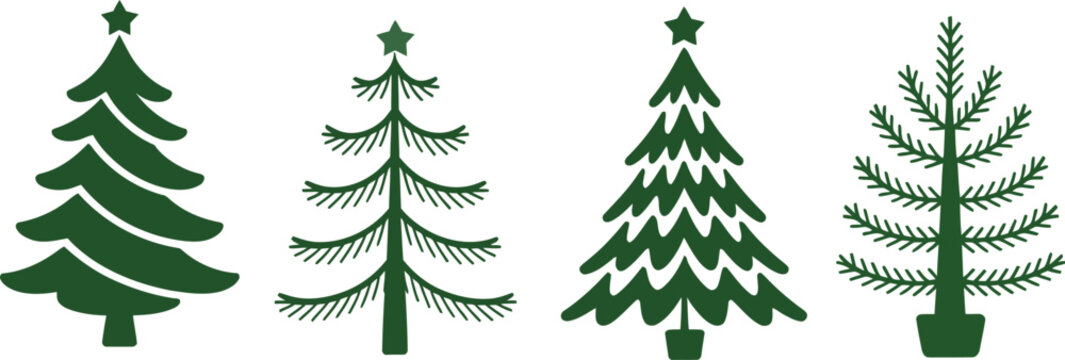 Collection of four stylized dark green Christmas trees with stars on top isolated on transparent background