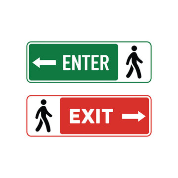 Green enter sign with left arrow and person icon above red exit sign with right arrow and person icon