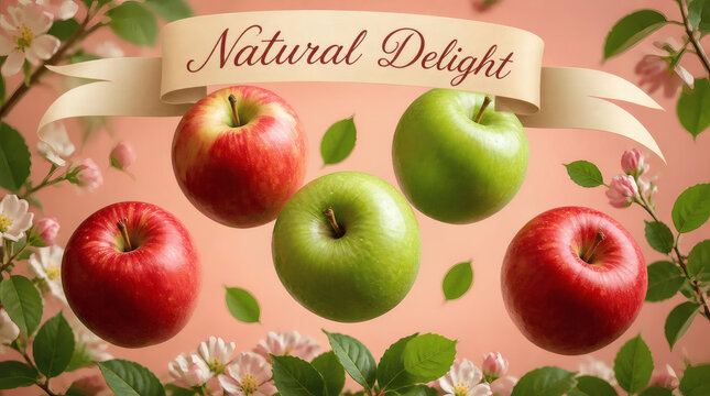 natural delight elegant cursive banner over floating red green apples in lush arrangement soft pink pastel background vibrant plump fruit warm cozy natural light photography high quality textures colo
