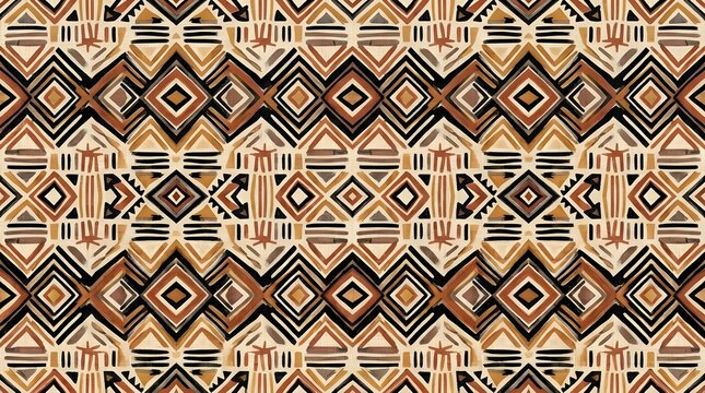 Symmetrical Flat Tribal Geometric Pattern in Rust, Cream, and Muted Brown, Seamless