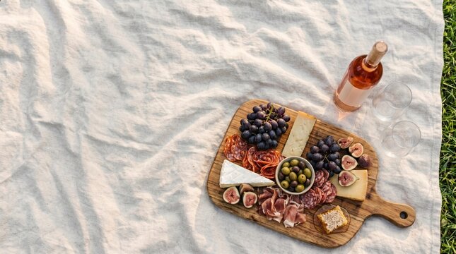 Charcuterie board with wine on picnic blanket outdoors.