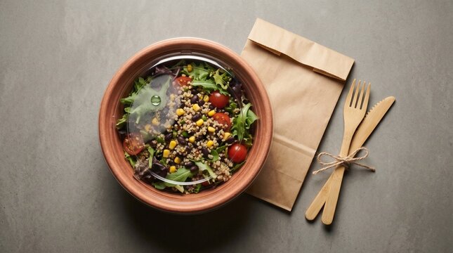 Healthy quinoa salad in eco-friendly takeaway container with wooden cutlery on grey background.