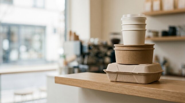 Sustainable food packaging and coffee cup stack on a wooden cafe counter.