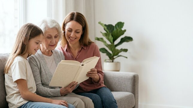 Three generations of women reading book together on sofa with copy space.