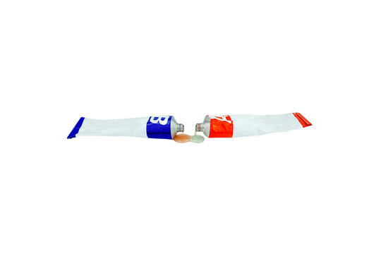 Two Component Epoxy Glue Adhesive Tubes Isolated on White Background &ndash; Industrial Repair Bonding Tool