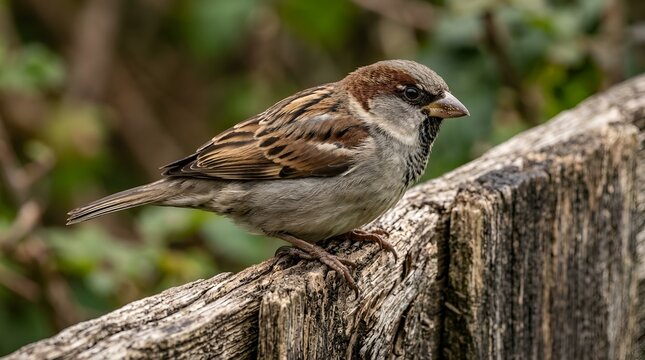 Close up of a house sparrow bird sitting on a weathered wooden surface with wooden fence garden bird small bird little bird passer domesticus bird photography textured wood depth of field
