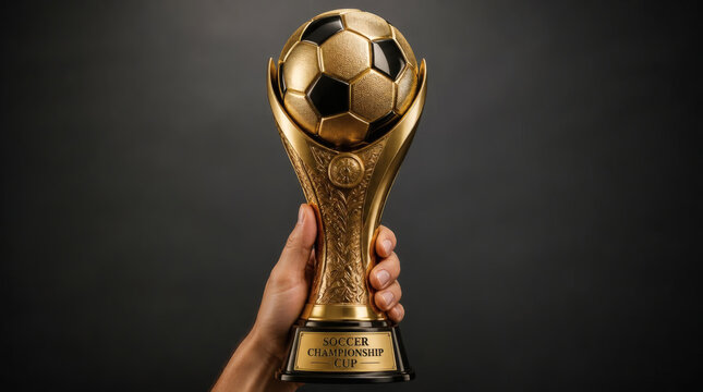 golden soccer championship trophy held by professional hand victory achievement high contrast formal of sports award cup with elegant engravings