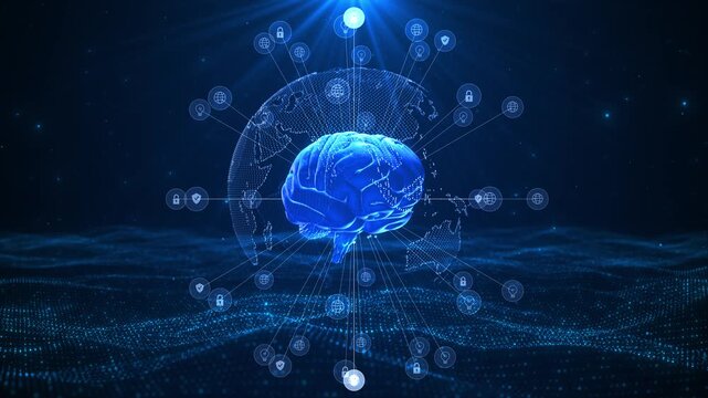 Artificial intelligence brain glowing neural model, world network, security icons, and digital landscape. AI , machine learning promos, cyber security explainers, health tech, automation films.