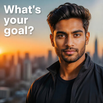determined professional with medium brown skin focused eye contact city sunrise background bold whats your goal text overlay modern sans serif font shallow depth of field vibrant natural lighting moti