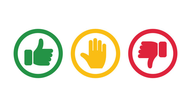 Like dislike and neutral thumb icon set, flat outline vector illustration in green yellow and red representing user feedback, rating system and approval concept.