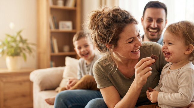 Joyful family eating chocolate together in cozy living room with warm lighting and smiling faces, creating a heartwarming and intimate atmosphere