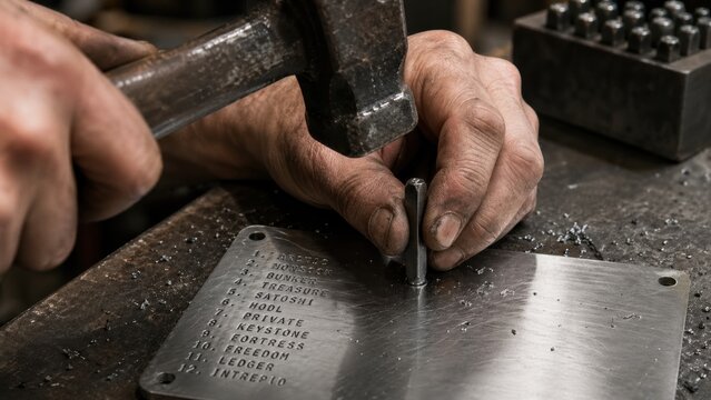 Artisan hands hammering cryptocurrency recovery seed phrase into steel plate.