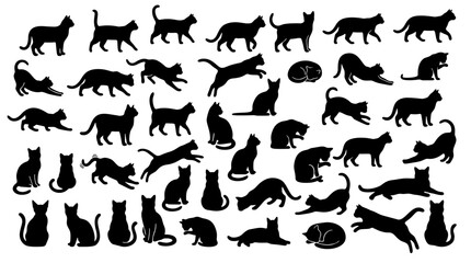 Fototapeta premium Large Collection of Cat Silhouettes with Various Feline Poses and Actions