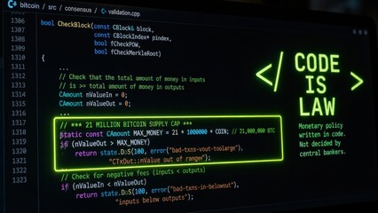 Obraz premium Computer monitor displaying green bitcoin source code on dark background.