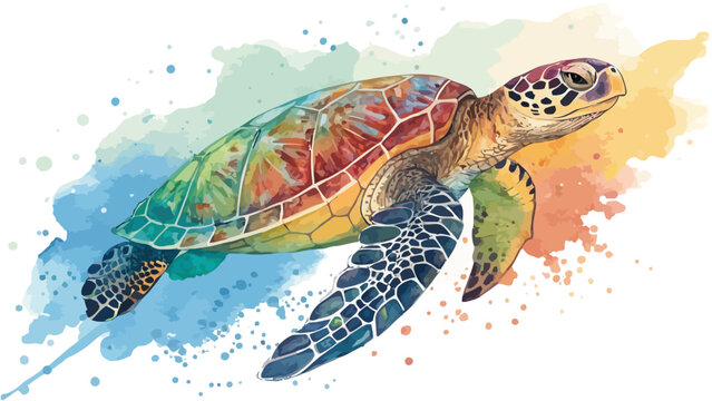 Watercolor sea turtle with colorful splashes marine life white background green turtle underwater wildlife creature illustration watercolor painting isolated colorful splashes artistic