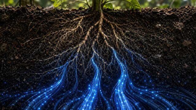 Plant roots transforming into glowing blue fiber optic data cables.