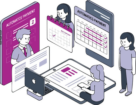 Isometric illustration of automatic recurring payment system