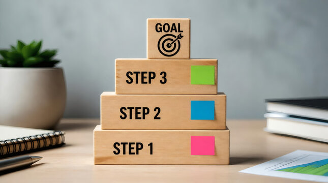 step by step success wooden block goals with colorful stickers motivational self development for planning achievement