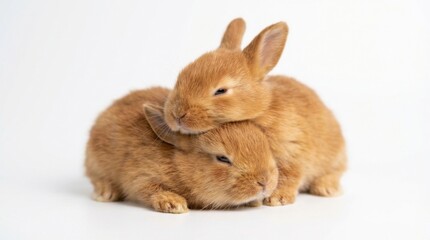 Obraz premium Adorable fluffy brown baby rabbits cuddling together on a pristine white background, showcasing innocence, companionship, and gentle warmth.