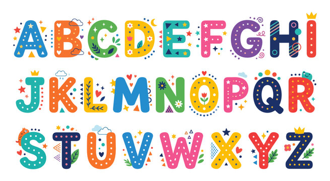A creative and vibrant alphabet collection featuring playful, colorful typography for children's learning materials. Each letter has unique patterns and bright tones