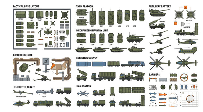 A comprehensive set of military vehicle and tactical unit icons in top-view perspective. This collection includes tanks, helicopters, transport trucks, and specialized equipment