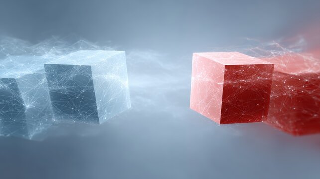 Global conflict concept with two opposing forces represented by abstract blocks and tension lines, geopolitical instability idea