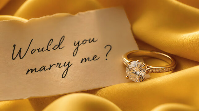 close up diamond ring on yellow fabric with romantic proposal text luxury love commitment wedding engagement gold band investment high quality sunny warm tone handwritten would you marry me precious m