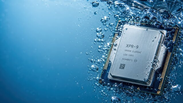 Silver computer processor chip submerged underwater with rising air bubbles.