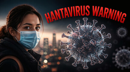 Naklejka premium hantavirus warning woman in mask with 3d virus model urban dusk medical caution