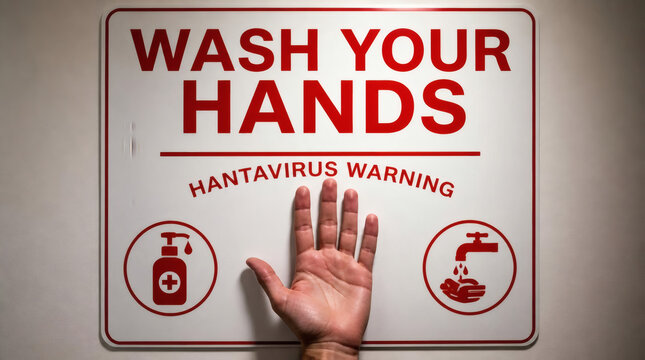 hand under bright light with hantavirus warning sign wash your hands message bold red text modern sans serif font sharp focus professional hygiene safety photography convincing health alert visual sli