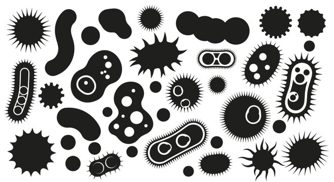 Collection of Bacteria and Virus Silhouette Icons Isolated on White Background