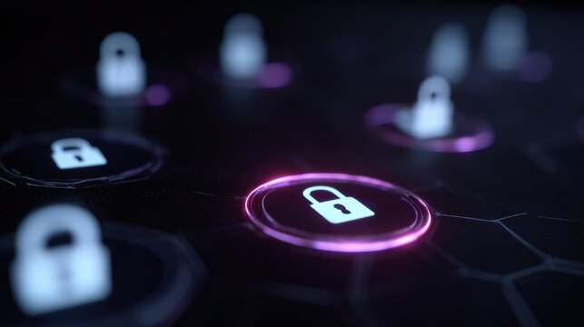 Hacker accessing system with unlocked padlock icons, cyber attack and data breach concept, futuristic interface, neon glow