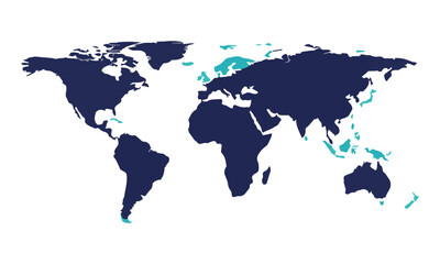 Naklejka premium Minimalist world map silhouette with simplified continental shapes in deep navy blue and vibrant teal on a solid white background global travel concept