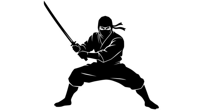 Japanese Ninja Warrior Silhouette Holding Katana Sword in Fighting Stance