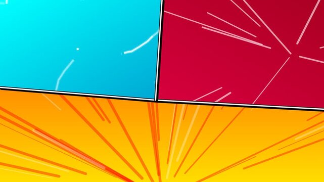 Comic Book Panel Layout Transition with Blue Red and Yellow Sunburst Speed Lines for Pop Art Style Backgrounds