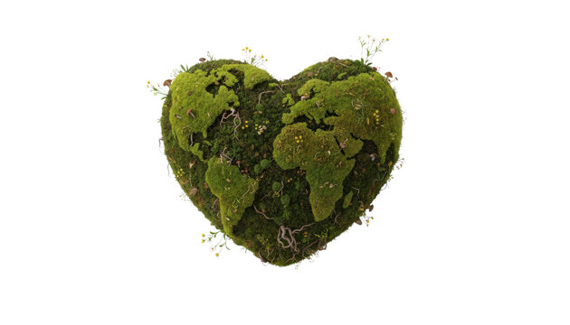 Heart-shaped earth covered in moss and tiny plants, symbolizing love for our planet and environmental care.