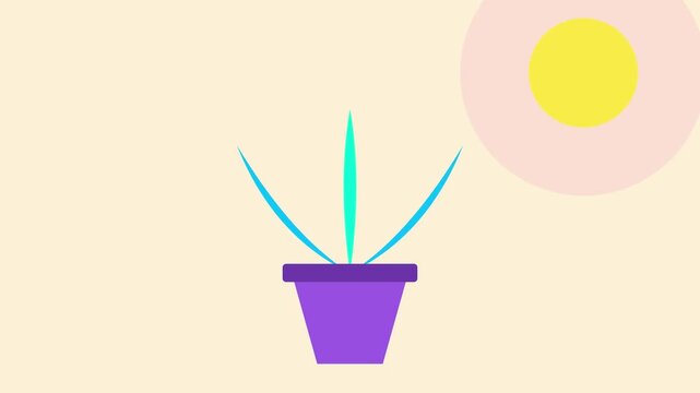 Vibrant flat design illustration of a green plant in a purple pot, illuminated by a yellow sun on a light background.