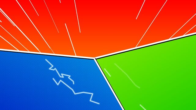 Comic Book Split Panel Transition Animation with Red Sunburst Blue Lightning and Green Colors for Gaming and Action Montage