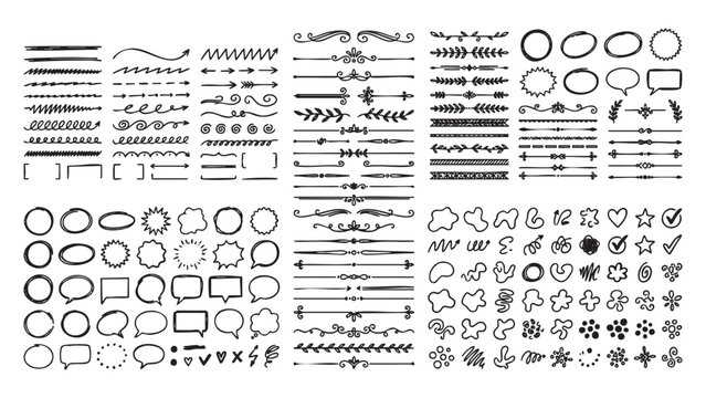 Large Collection of Hand-Drawn Sketch Elements Including Decorative Borders, Dividers, Arrows, Speech Bubbles, Circles, and Floral Ornaments for Graphic Design