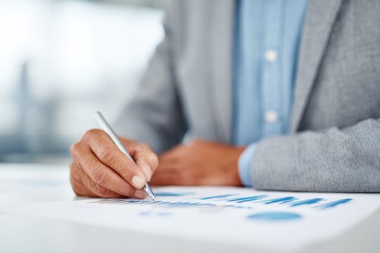 Businessman reviewing performance reports and graphs on desk