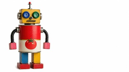 Naklejka premium Cute handmade robot toy constructed from a vintage brightly painted tomato soup can colorful bottle caps for eyes thick wooden building blocks for legs standing upright