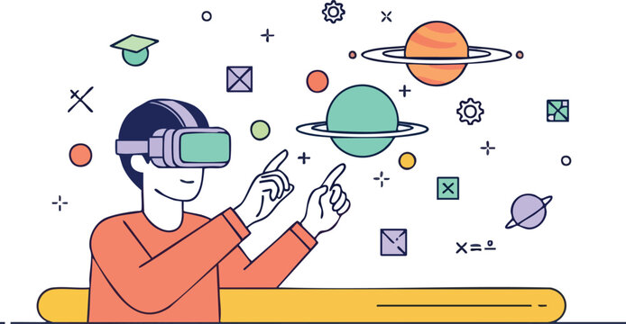 Student wearing VR headset exploring virtual space and planets